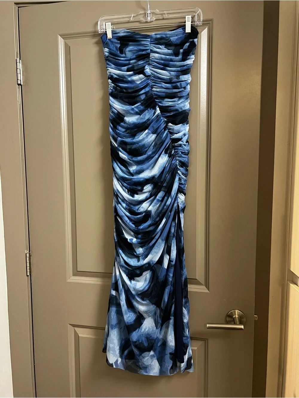 Abercrombie & Fitch Strapless Ruched Mesh Maxi Dress Small Blue Pattern
